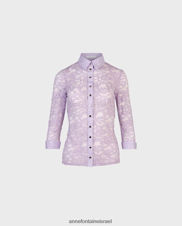 הַלבָּשָׁה Anne Fontaine חולצת לבנדין חולצת תחרה מתיחה שרוולים 3/4 עם צווארון נקודתי וחפתים צרפתיים פרמה נשים DL8V8L161