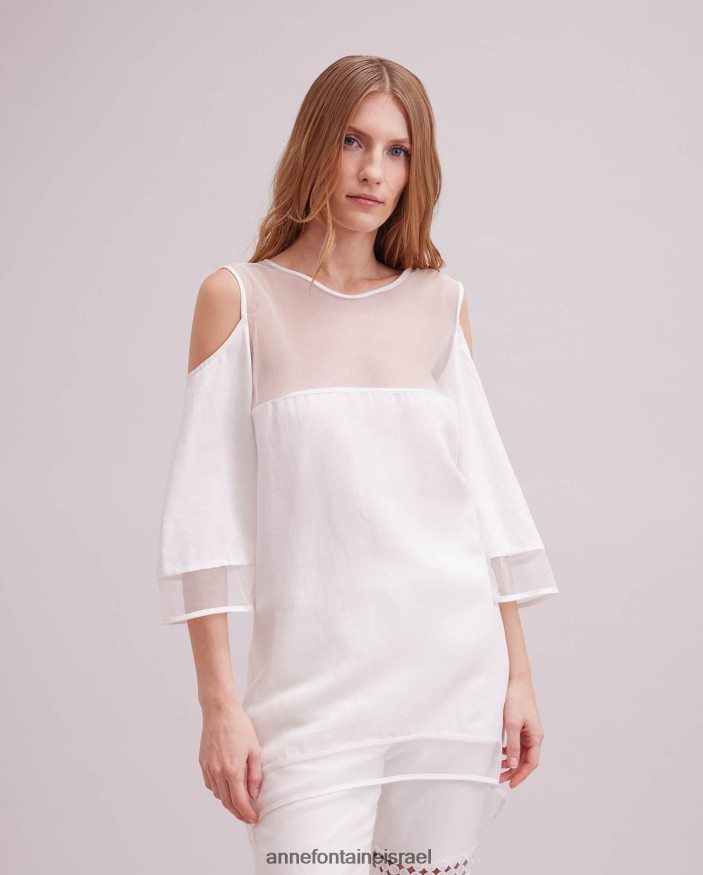 הַלבָּשָׁה Anne Fontaine חולצת מוזה כתף קרה שרוולים 3/4 טוניקה חולצת פשתן עם תוספות רשת לבן נשים DL8V8L237