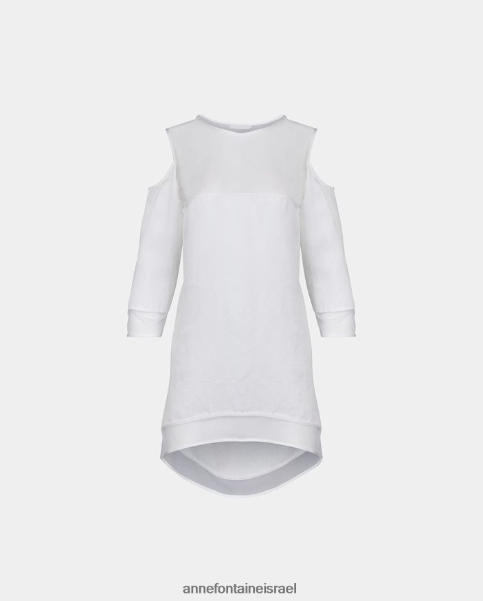 הַלבָּשָׁה Anne Fontaine חולצת מוזה כתף קרה שרוולים 3/4 טוניקה חולצת פשתן עם תוספות רשת לבן נשים DL8V8L237