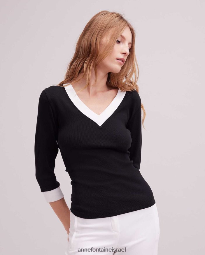 הַלבָּשָׁה Anne Fontaine עליונית סול עליון עם שרוולים 3/4 עם עיטורי ניגודיות לבן שחור נשים DL8V8L261