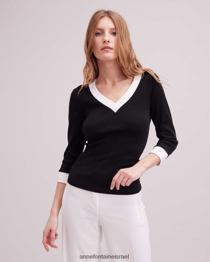 הַלבָּשָׁה Anne Fontaine עליונית סול עליון עם שרוולים 3/4 עם עיטורי ניגודיות לבן שחור נשים DL8V8L261