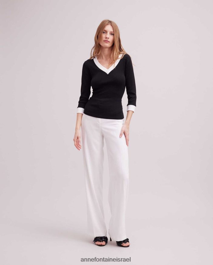 הַלבָּשָׁה Anne Fontaine עליונית סול עליון עם שרוולים 3/4 עם עיטורי ניגודיות לבן שחור נשים DL8V8L261