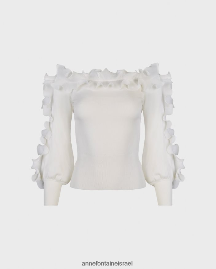 הַלבָּשָׁה Anne Fontaine סוודר Catane סריג עם שרוול ארוך עם פרטי סלסול לבן נשים DL8V8L462