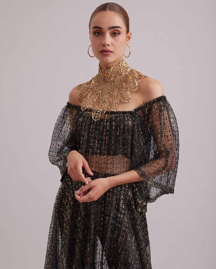 הַלבָּשָׁה Anne Fontaine שמלת בארוק ארוכה שקופה נטו שמלה רקומה עם פאייטים ססגוניים שָׁחוֹר נשים DL8V8L102