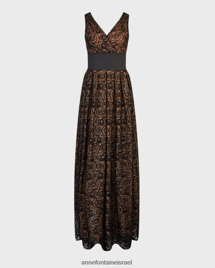 הַלבָּשָׁה Anne Fontaine שמלת מוזה שמלה נשפכת ללא שרוולים עם שכבת רשת רקומה עם ורדים מקטיפה שָׁחוֹר נשים DL8V8L103