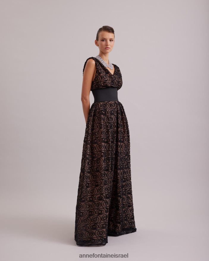 הַלבָּשָׁה Anne Fontaine שמלת מוזה שמלה נשפכת ללא שרוולים עם שכבת רשת רקומה עם ורדים מקטיפה שָׁחוֹר נשים DL8V8L103