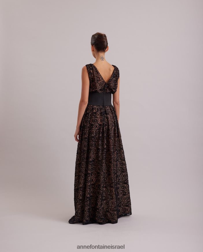 הַלבָּשָׁה Anne Fontaine שמלת מוזה שמלה נשפכת ללא שרוולים עם שכבת רשת רקומה עם ורדים מקטיפה שָׁחוֹר נשים DL8V8L103