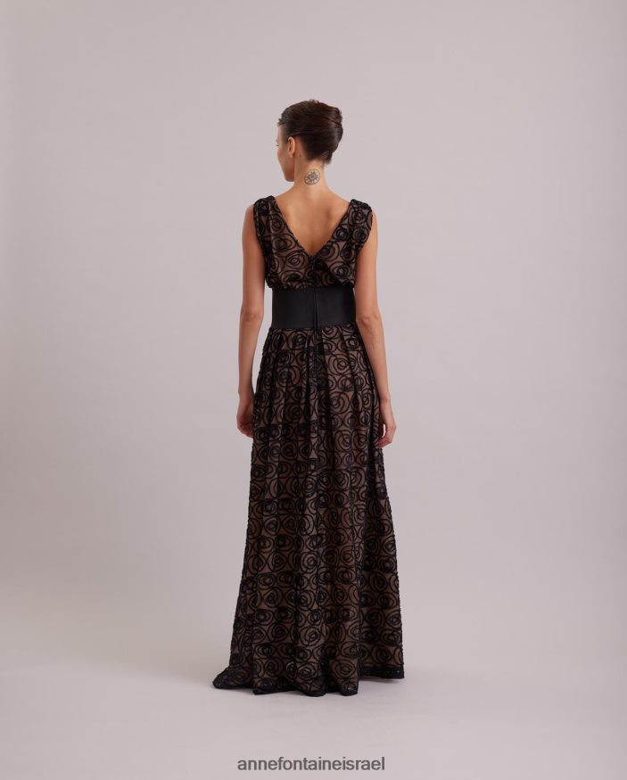 הַלבָּשָׁה Anne Fontaine שמלת מוזה שמלה נשפכת ללא שרוולים עם שכבת רשת רקומה עם ורדים מקטיפה שָׁחוֹר נשים DL8V8L103