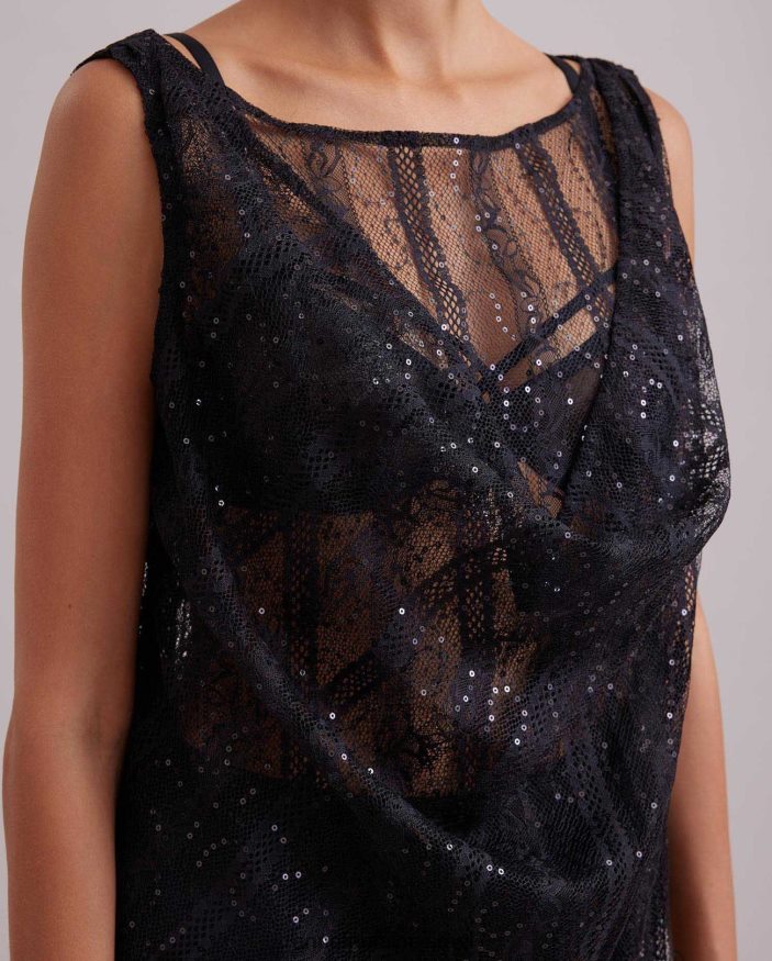 הַלבָּשָׁה Anne Fontaine שמלת רגש ללא שרוולים שמלת תחרה שקופה ארוכה עם פרטי סריג אנכיים ופאייטים גוונים שָׁחוֹר נשים DL8V8L104