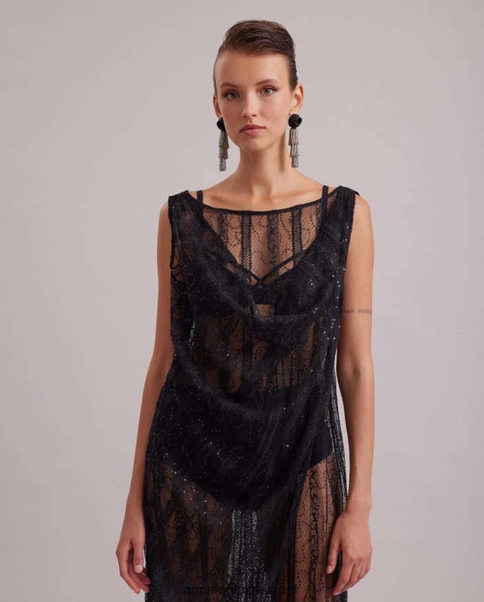 הַלבָּשָׁה Anne Fontaine שמלת רגש ללא שרוולים שמלת תחרה שקופה ארוכה עם פרטי סריג אנכיים ופאייטים גוונים שָׁחוֹר נשים DL8V8L104