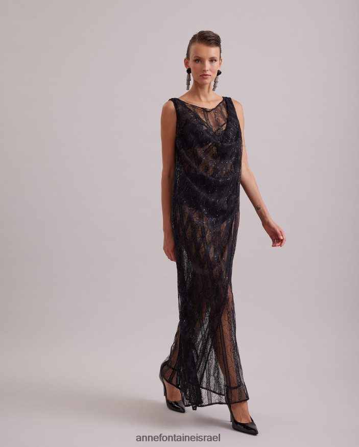 הַלבָּשָׁה Anne Fontaine שמלת רגש ללא שרוולים שמלת תחרה שקופה ארוכה עם פרטי סריג אנכיים ופאייטים גוונים שָׁחוֹר נשים DL8V8L104