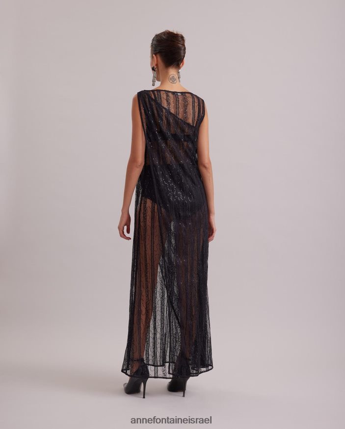 הַלבָּשָׁה Anne Fontaine שמלת רגש ללא שרוולים שמלת תחרה שקופה ארוכה עם פרטי סריג אנכיים ופאייטים גוונים שָׁחוֹר נשים DL8V8L104