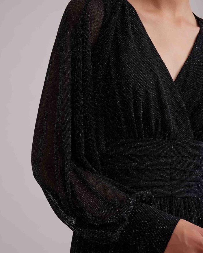 הַלבָּשָׁה Anne Fontaine שמלה רומנטית שמלה ארוכה עם חוט מתכתי לאורך ובולרו קצוץ כסף שחור נשים DL8V8L108