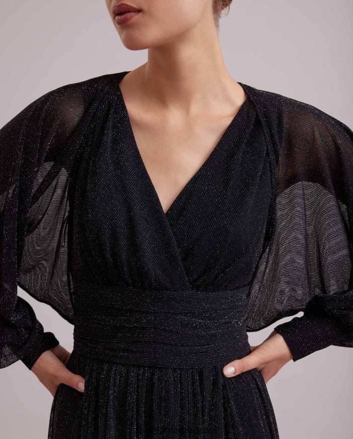 הַלבָּשָׁה Anne Fontaine שמלה רומנטית שמלה ארוכה עם חוט מתכתי לאורך ובולרו קצוץ כסף שחור נשים DL8V8L108