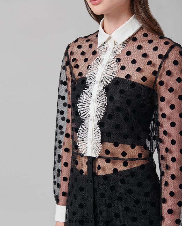 הַלבָּשָׁה Anne Fontaine שמלת טנגו עם שרוולים ארוכים שמלת רשת שקופה עם נקודות קטיפה שָׁחוֹר נשים DL8V8L111