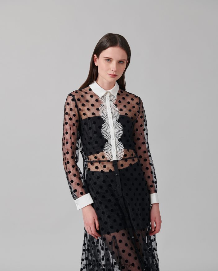 הַלבָּשָׁה Anne Fontaine שמלת טנגו עם שרוולים ארוכים שמלת רשת שקופה עם נקודות קטיפה שָׁחוֹר נשים DL8V8L111