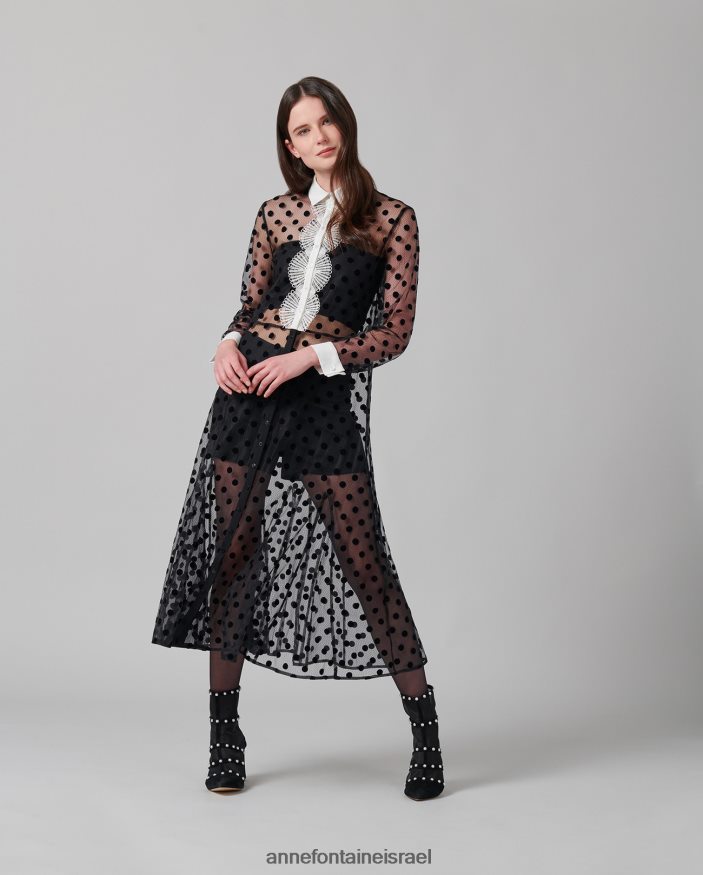 הַלבָּשָׁה Anne Fontaine שמלת טנגו עם שרוולים ארוכים שמלת רשת שקופה עם נקודות קטיפה שָׁחוֹר נשים DL8V8L111