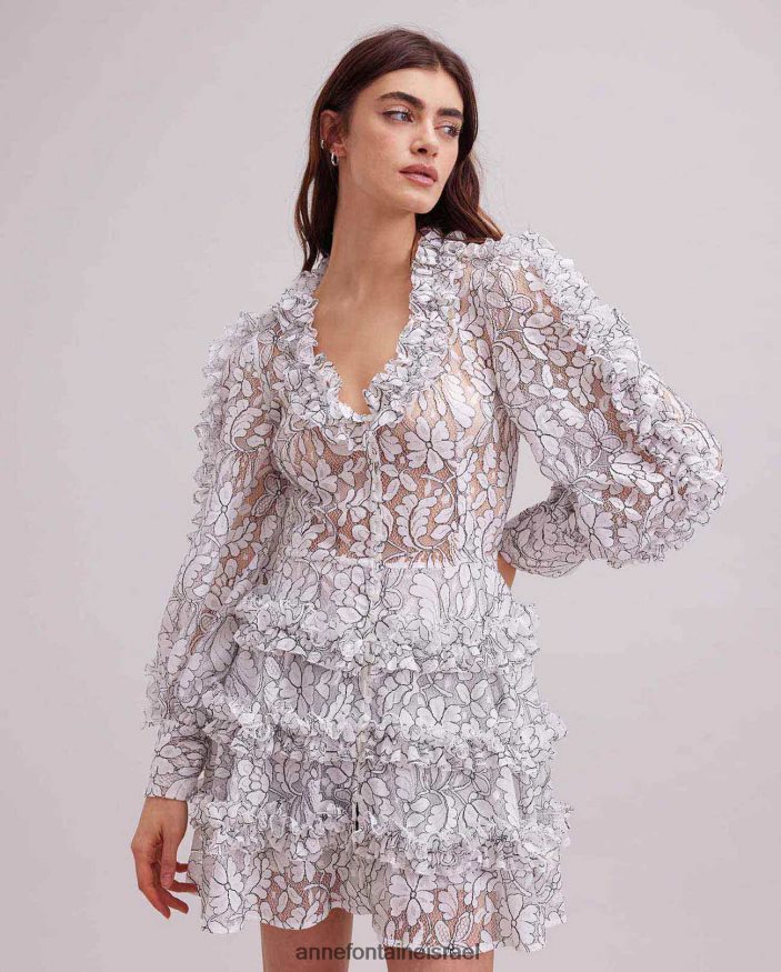 הַלבָּשָׁה Anne Fontaine שמלת סנקוויר שמלת תחרה עם עיטורים מנוגדים ופרטי סלסול לבן שחור נשים DL8V8L115