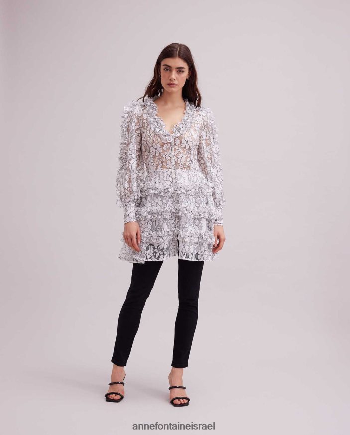 הַלבָּשָׁה Anne Fontaine שמלת סנקוויר שמלת תחרה עם עיטורים מנוגדים ופרטי סלסול לבן שחור נשים DL8V8L115