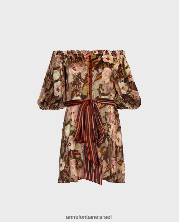 הַלבָּשָׁה Anne Fontaine שמלת עיפרון עם הדפס פרחוני משי מחוץ לכתף עם כיסום כפתורים וחגורה מנוגדים חום נשים DL8V8L120