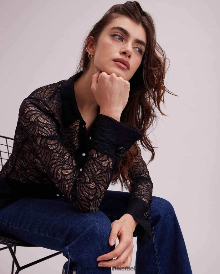 הַלבָּשָׁה Anne Fontaine חולצת אטלייה חולצת תחרה עם שרוולים ארוכים שָׁחוֹר נשים DL8V8L129