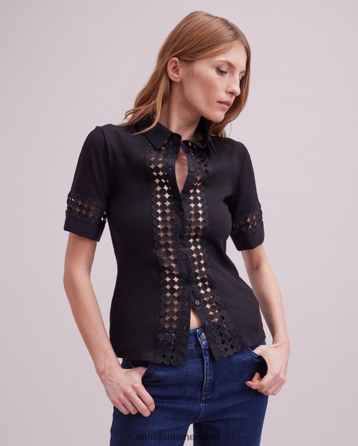 הַלבָּשָׁה Anne Fontaine חולצת פבלו חולצת שרוולים קצרים עם פרטי תחרה פתוחים שָׁחוֹר נשים DL8V8L130