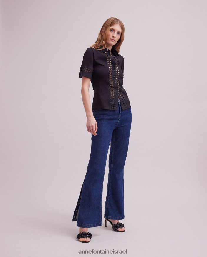 הַלבָּשָׁה Anne Fontaine חולצת פבלו חולצת שרוולים קצרים עם פרטי תחרה פתוחים שָׁחוֹר נשים DL8V8L130