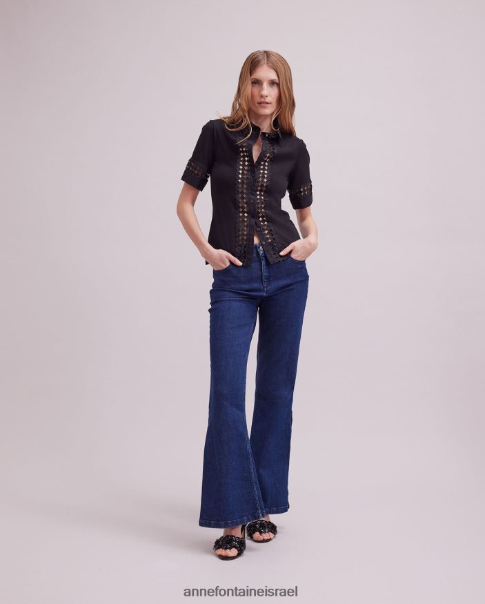 הַלבָּשָׁה Anne Fontaine חולצת פבלו חולצת שרוולים קצרים עם פרטי תחרה פתוחים שָׁחוֹר נשים DL8V8L130