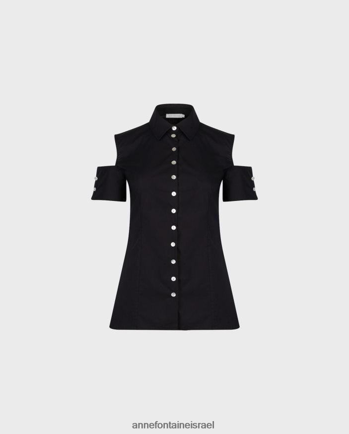 הַלבָּשָׁה Anne Fontaine חולצת אבסטרט חולצת פופלין בכתף ​​קרה עם כפתורי פנינה שָׁחוֹר נשים DL8V8L131