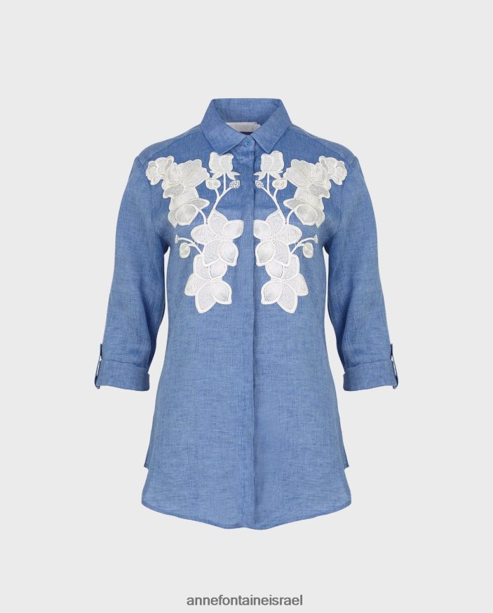 הַלבָּשָׁה Anne Fontaine חולצת אתרוג חולצת פשתן עם אפליקציה פרחונית לבן כחול נשים DL8V8L150