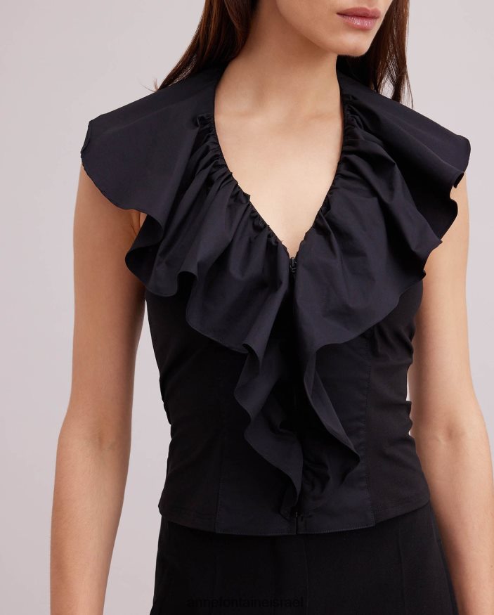הַלבָּשָׁה Anne Fontaine חולצת שלבים ללא שרוולים חולצת פופלין עם סלסול מדורג שָׁחוֹר נשים DL8V8L152