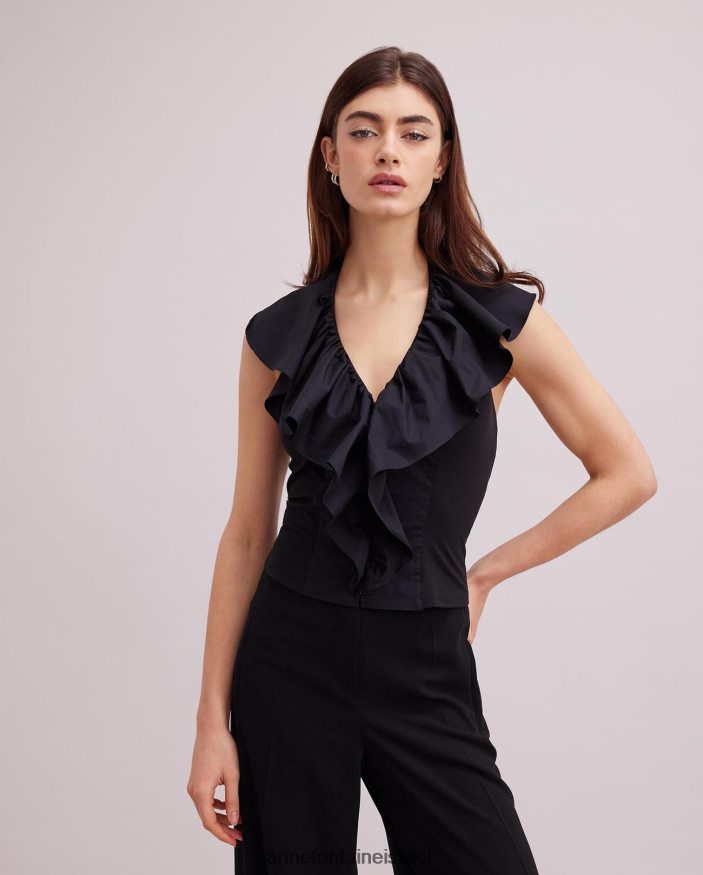 הַלבָּשָׁה Anne Fontaine חולצת שלבים ללא שרוולים חולצת פופלין עם סלסול מדורג שָׁחוֹר נשים DL8V8L152