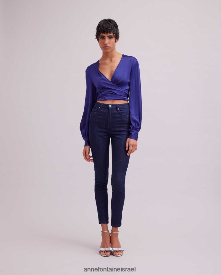 הַלבָּשָׁה Anne Fontaine חולצת רוזה חולצת סאטן עם שרוול ארוך עם שולי קשירה כְּחוֹל נשים DL8V8L155