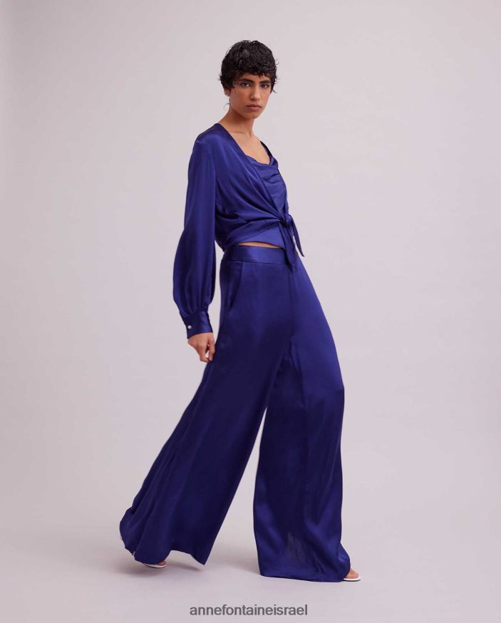 הַלבָּשָׁה Anne Fontaine חולצת רוזה חולצת סאטן עם שרוול ארוך עם שולי קשירה כְּחוֹל נשים DL8V8L155