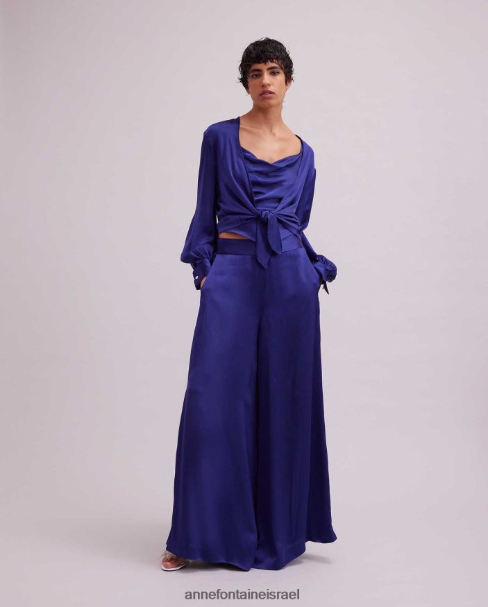 הַלבָּשָׁה Anne Fontaine חולצת רוזה חולצת סאטן עם שרוול ארוך עם שולי קשירה כְּחוֹל נשים DL8V8L155