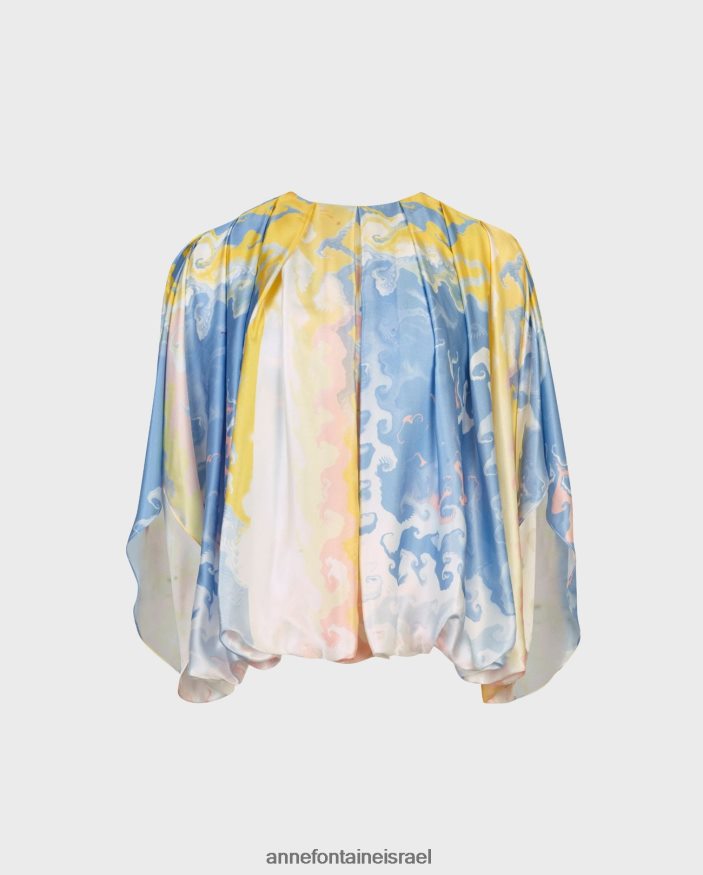 הַלבָּשָׁה Anne Fontaine חולצת אקוורל עם הדפס בצבעי מים חולצת משי קפלים כְּחוֹל נשים DL8V8L157