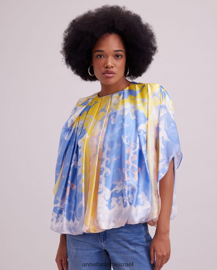 הַלבָּשָׁה Anne Fontaine חולצת אקוורל עם הדפס בצבעי מים חולצת משי קפלים כְּחוֹל נשים DL8V8L157