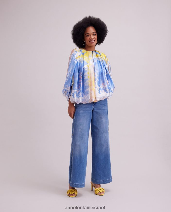 הַלבָּשָׁה Anne Fontaine חולצת אקוורל עם הדפס בצבעי מים חולצת משי קפלים כְּחוֹל נשים DL8V8L157