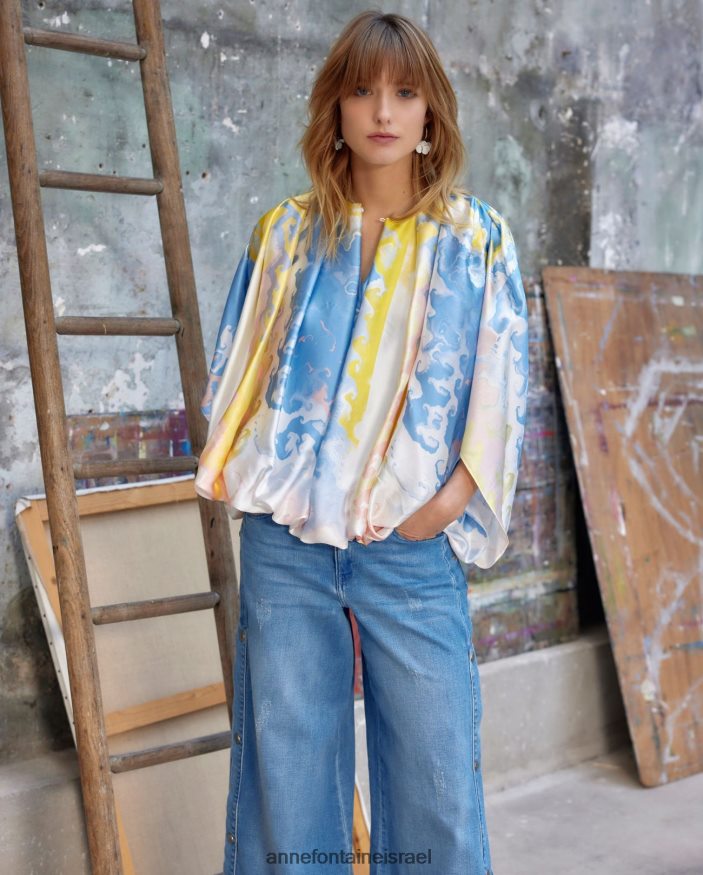 הַלבָּשָׁה Anne Fontaine חולצת אקוורל עם הדפס בצבעי מים חולצת משי קפלים כְּחוֹל נשים DL8V8L157
