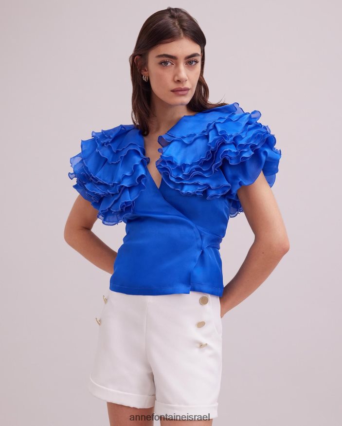 הַלבָּשָׁה Anne Fontaine חולצת לוז משי אורגנזה חולצת מעטפת עם שרוולי סלסול בשכבות כְּחוֹל נשים DL8V8L160