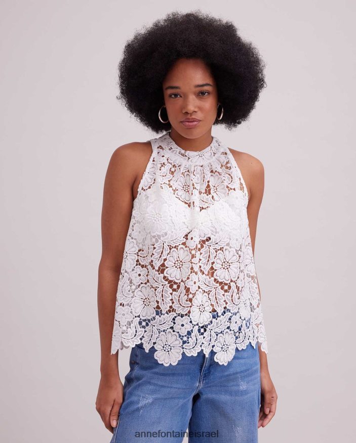 הַלבָּשָׁה Anne Fontaine חולצת תחרה רקומה עליון ללא שרוולים עם קו צוואר גבוה לבן נשים DL8V8L162