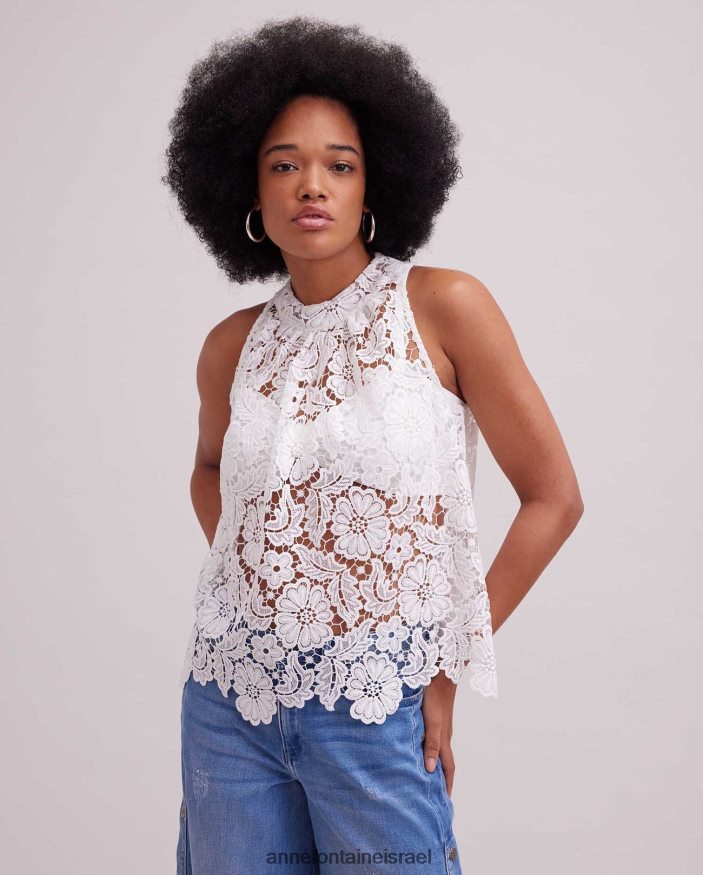 הַלבָּשָׁה Anne Fontaine חולצת תחרה רקומה עליון ללא שרוולים עם קו צוואר גבוה לבן נשים DL8V8L162