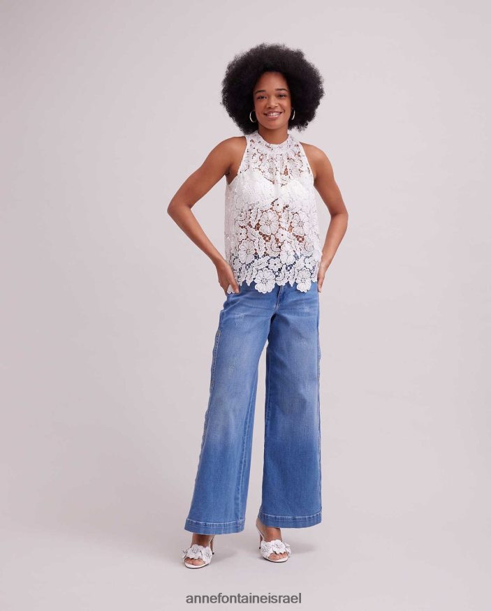 הַלבָּשָׁה Anne Fontaine חולצת תחרה רקומה עליון ללא שרוולים עם קו צוואר גבוה לבן נשים DL8V8L162