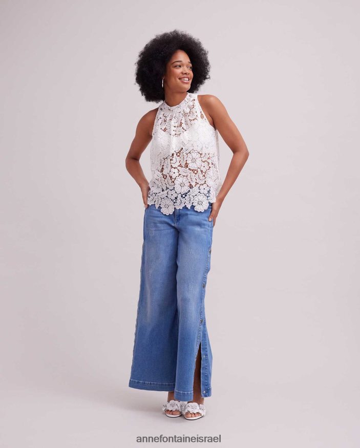 הַלבָּשָׁה Anne Fontaine חולצת תחרה רקומה עליון ללא שרוולים עם קו צוואר גבוה לבן נשים DL8V8L162