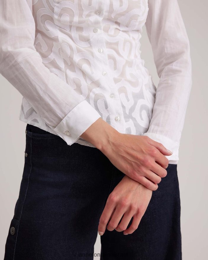 הַלבָּשָׁה Anne Fontaine חולצת ארמין חולצת כותנה מתיחה בעיצוב ערבסק לבן נשים DL8V8L165