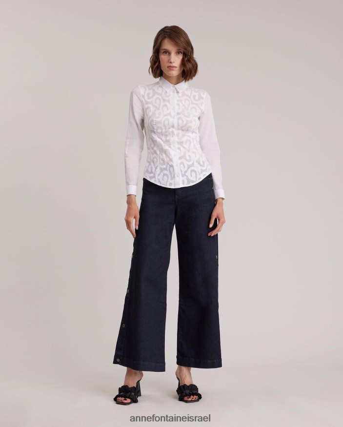 הַלבָּשָׁה Anne Fontaine חולצת ארמין חולצת כותנה מתיחה בעיצוב ערבסק לבן נשים DL8V8L165