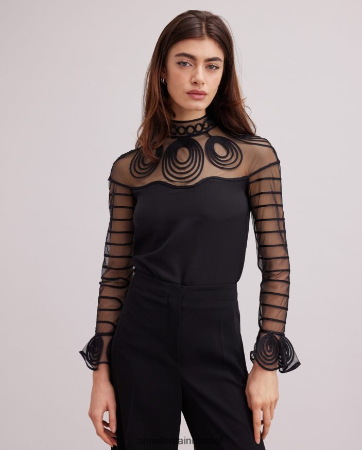 הַלבָּשָׁה Anne Fontaine חולצת שיליין חולצת משי עם שרוולים ארוכים עם חפתים עם חפתים שָׁחוֹר נשים DL8V8L166