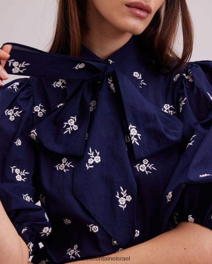 הַלבָּשָׁה Anne Fontaine חולצת ארגיל באורך המרפק עם רקמה פרחונית חיל הים/לבן נשים DL8V8L169