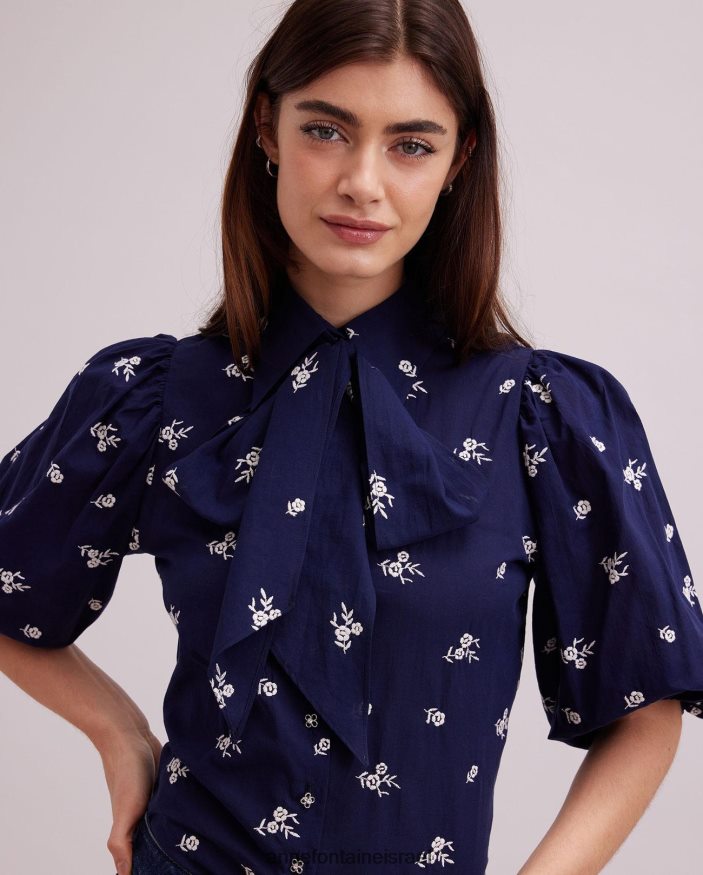 הַלבָּשָׁה Anne Fontaine חולצת ארגיל באורך המרפק עם רקמה פרחונית חיל הים/לבן נשים DL8V8L169