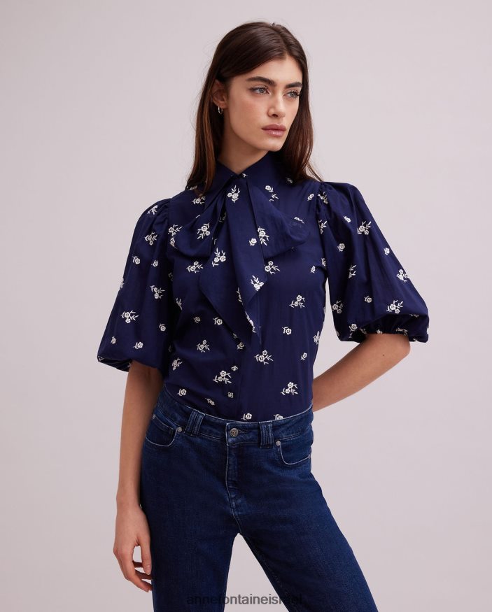 הַלבָּשָׁה Anne Fontaine חולצת ארגיל באורך המרפק עם רקמה פרחונית חיל הים/לבן נשים DL8V8L169